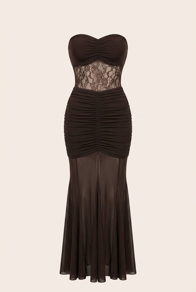 Scrunchy and Lace Dress - Brown - Front