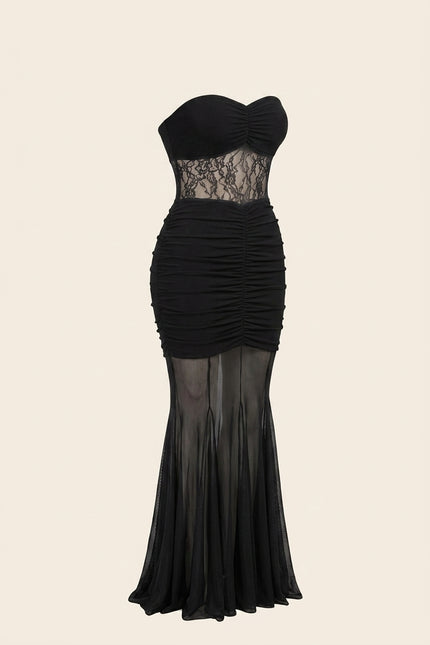 Scrunchy and Lace Dress - Black - Front