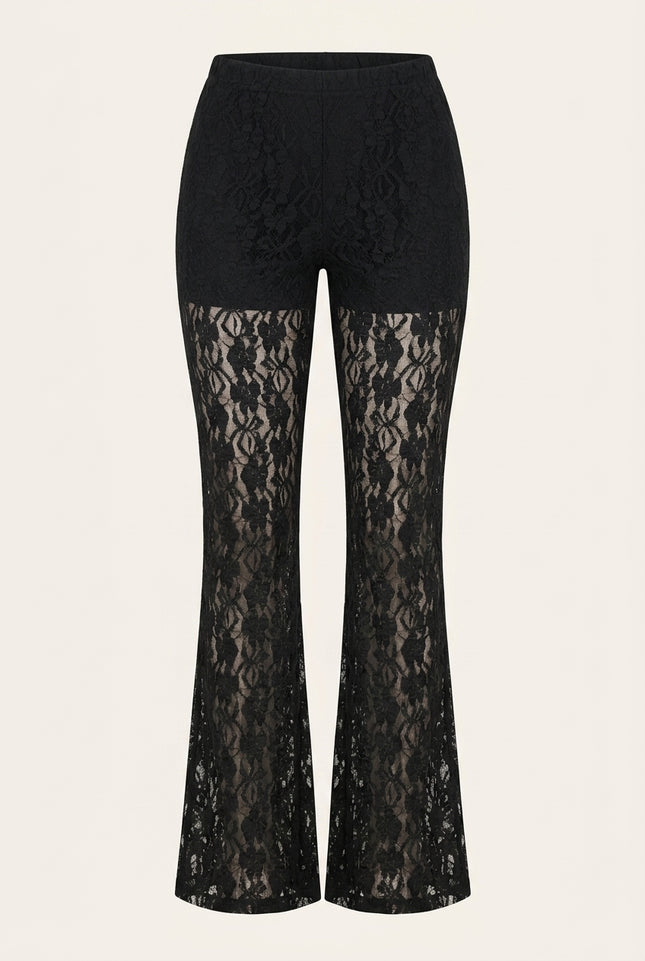 Allover Lace Flare Pants - Black - Front