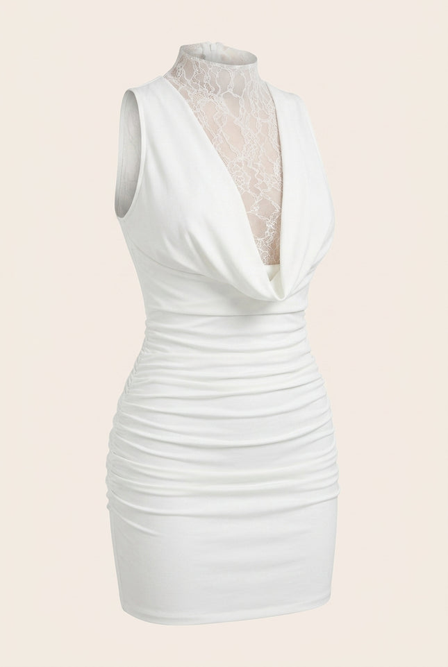 Lace and Stretch Short Dress - White - Front