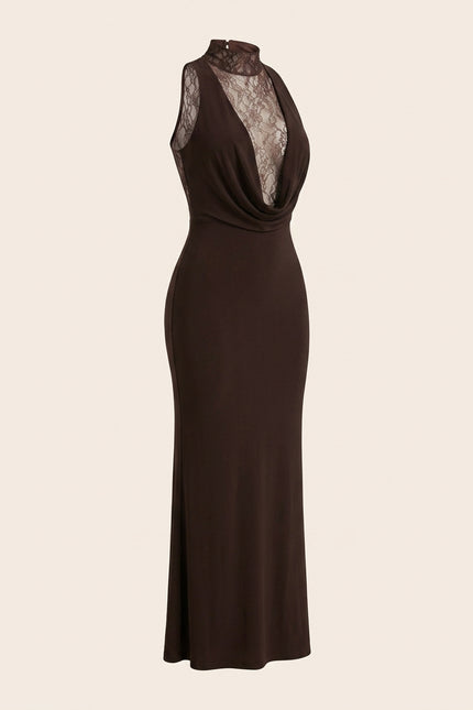 Sleeveless Lace Dress - Brown - Front