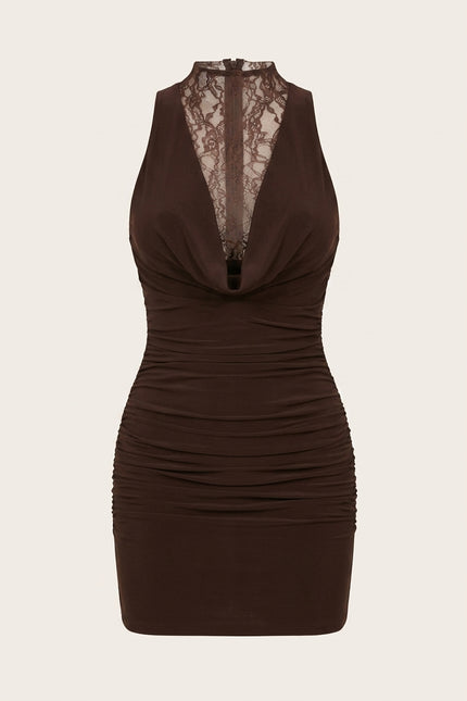 Lace and Stretch Short Dress - Brown - Front