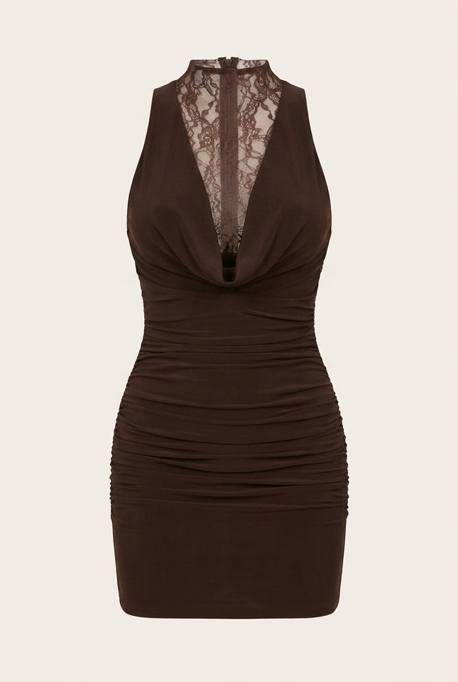 Lace and Stretch Short Dress - Brown - Front
