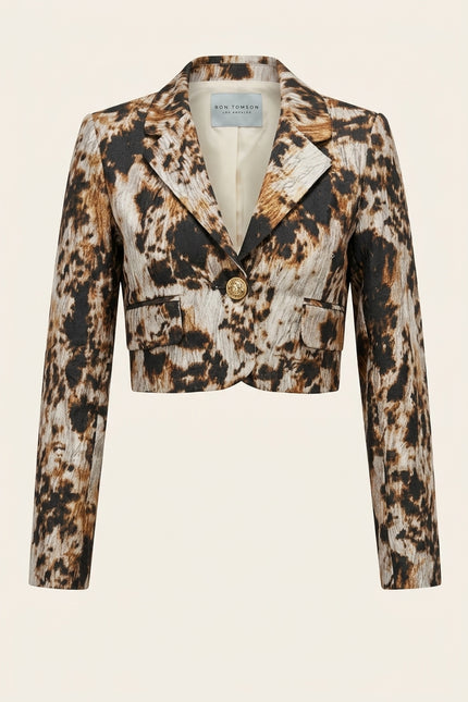 Allover Print Cropped Blazer - Brown - Front