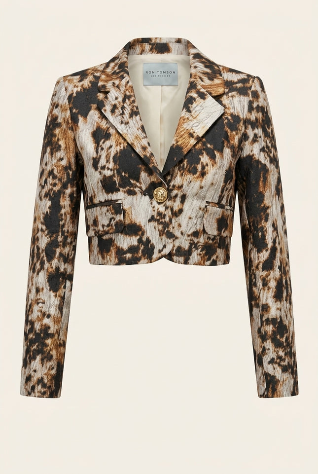 Allover Print Cropped Blazer - Brown - Front