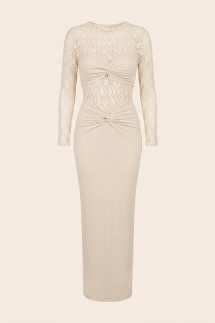 Long Sleeve Laced Dress - Beige - Front