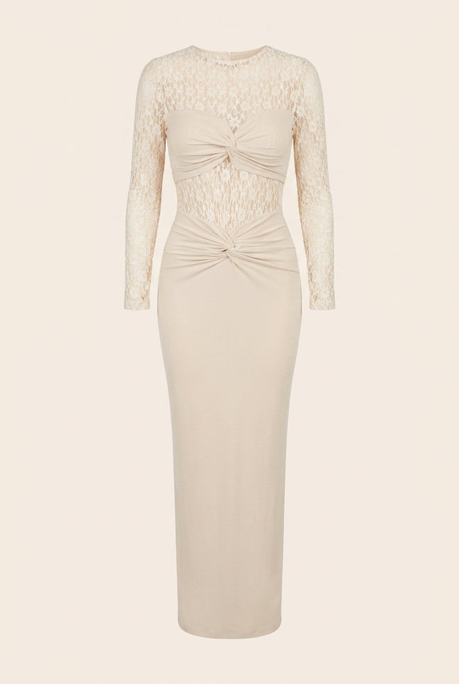 Long Sleeve Laced Dress - Beige - Front