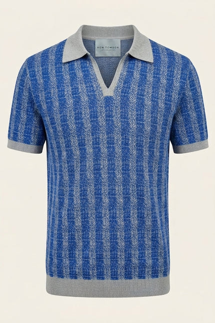 Textured Knit Polo Shirt - Blue - Front