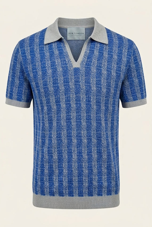 Textured Knit Polo Shirt - Blue - Front