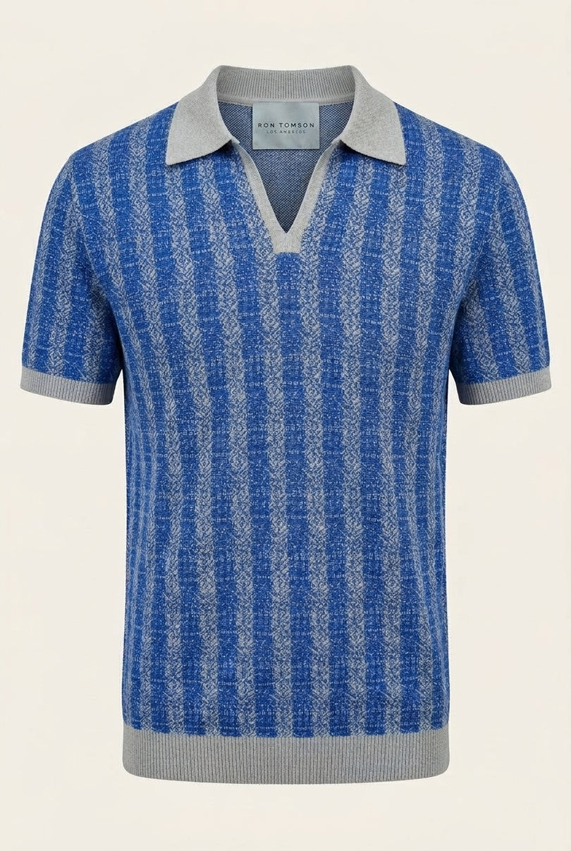 Textured Knit Polo Shirt - Blue - Front