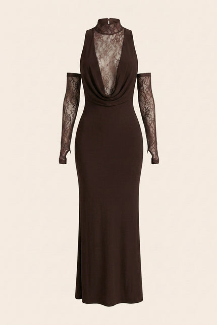 Sleeveless Lace Dress - Brown - With Gloves