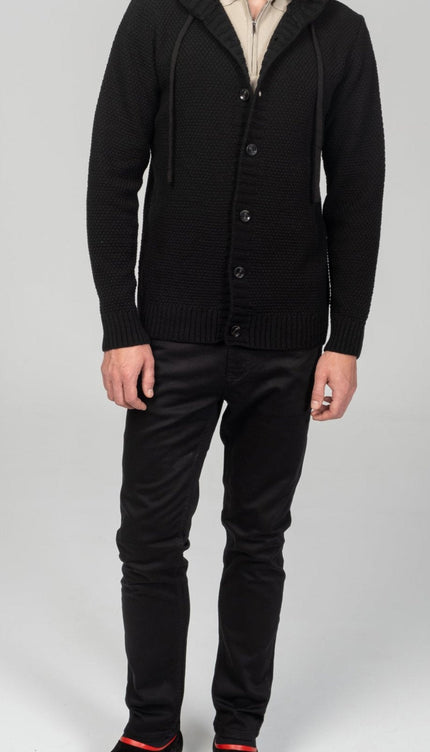 Full Button Up Waffled Cardigan - Black - Ron Tomson