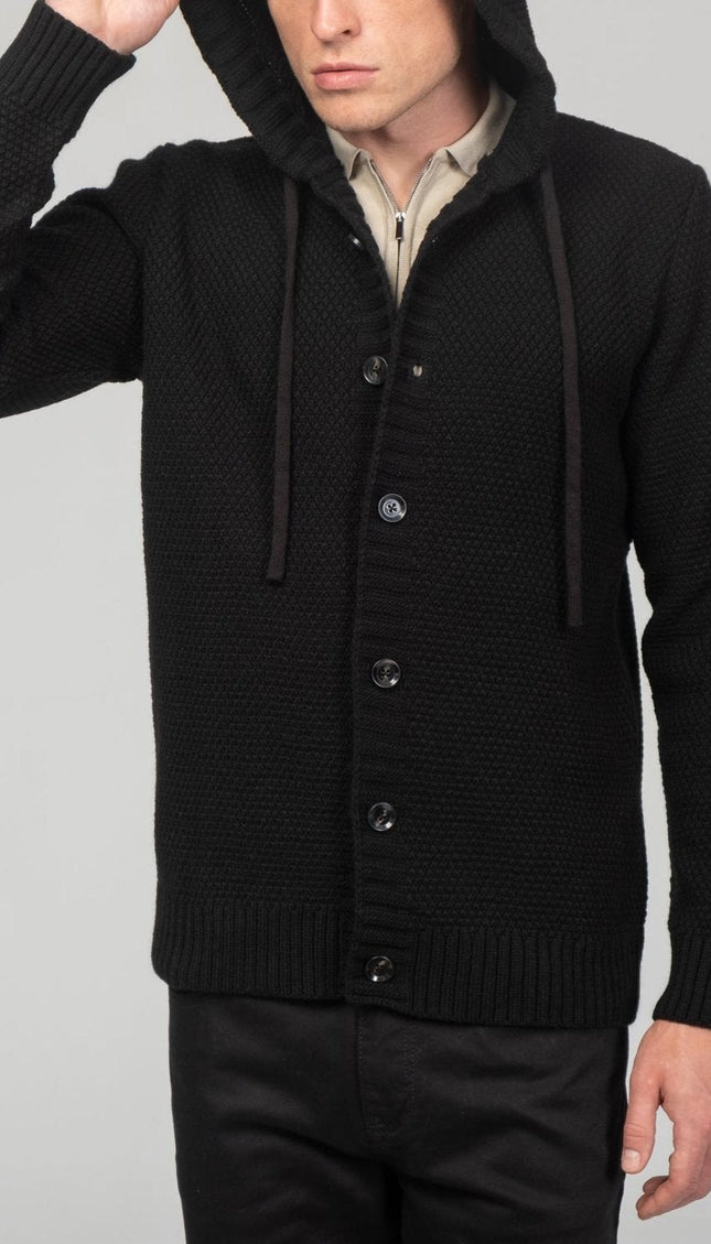 Full Button Up Waffled Cardigan - Black - Ron Tomson