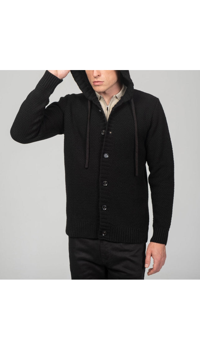 Full Button Up Waffled Cardigan - Black - Ron Tomson