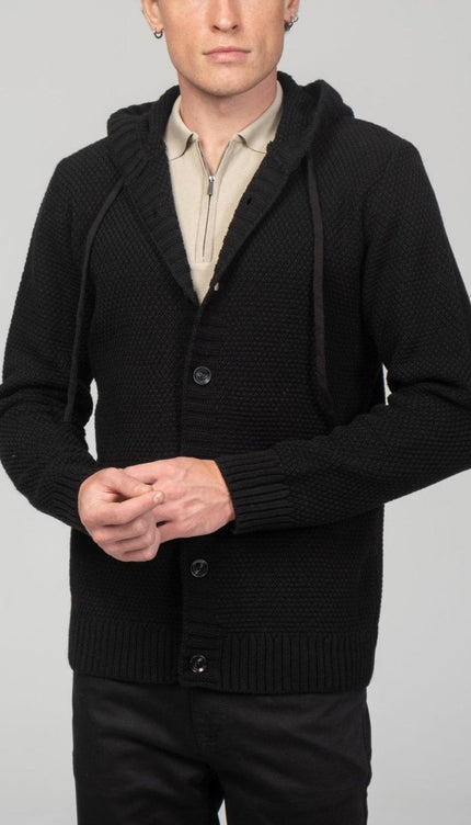 Full Button Up Waffled Cardigan - Black - Ron Tomson