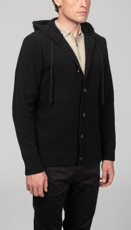 Full Button Up Waffled Cardigan - Black - Ron Tomson