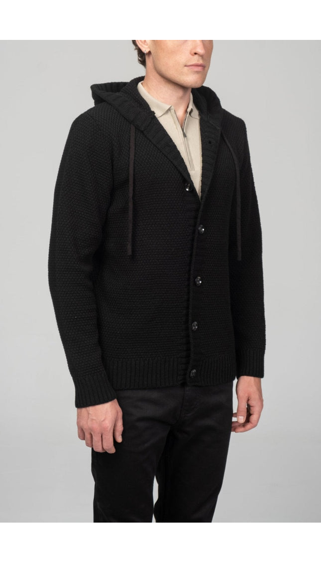 Full Button Up Waffled Cardigan - Black - Ron Tomson