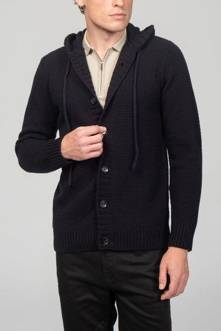 Full Button Up Waffled Cardigan - Navy - Ron Tomson