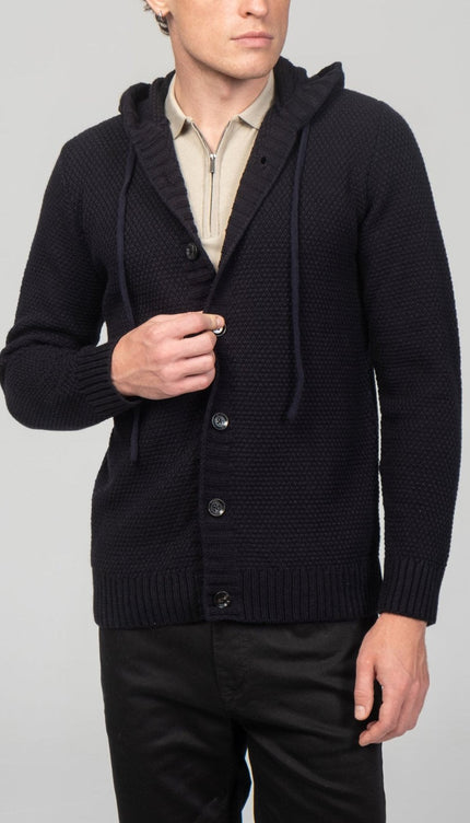 Full Button Up Waffled Cardigan - Navy - Ron Tomson