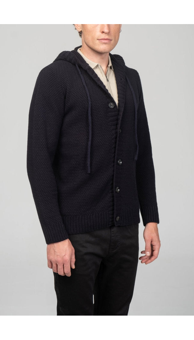 Full Button Up Waffled Cardigan - Navy - Ron Tomson