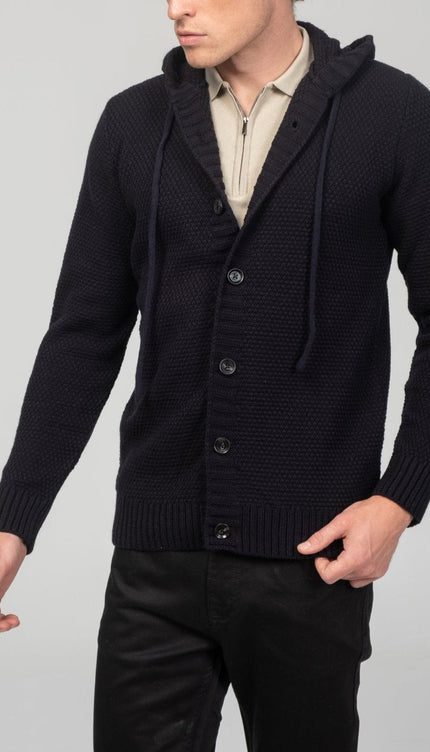 Full Button Up Waffled Cardigan - Navy - Ron Tomson