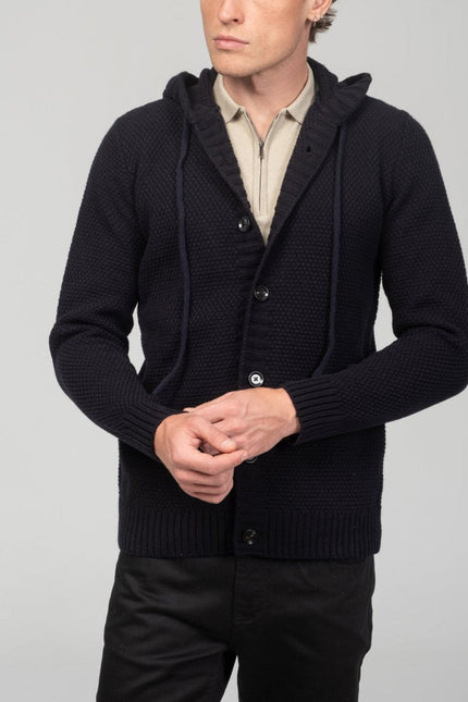 Full Button Up Waffled Cardigan - Navy - Ron Tomson