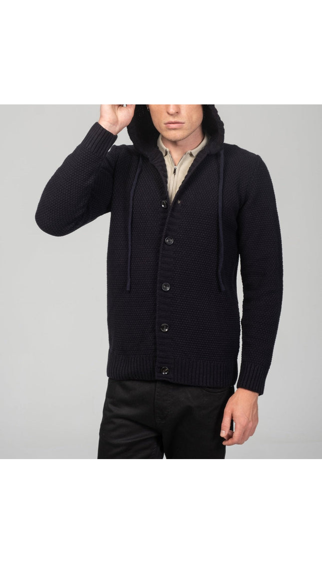 Full Button Up Waffled Cardigan - Navy - Ron Tomson