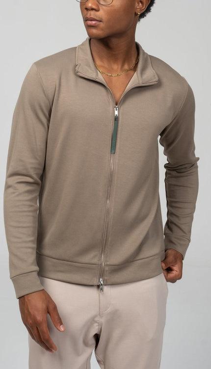 Full Zipper Up Sweater - Dark Beige - Ron Tomson