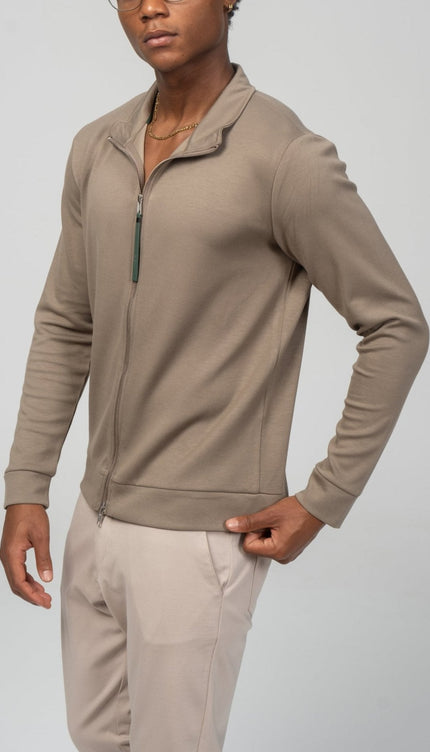 Full Zipper Up Sweater - Dark Beige - Ron Tomson