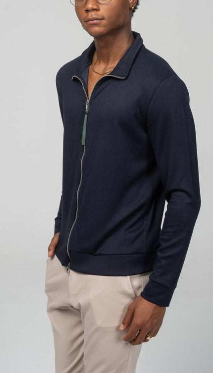 Full Zipper Up Sweater - Navy - Ron Tomson