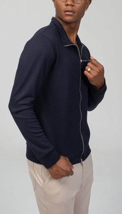 Full Zipper Up Sweater - Navy - Ron Tomson