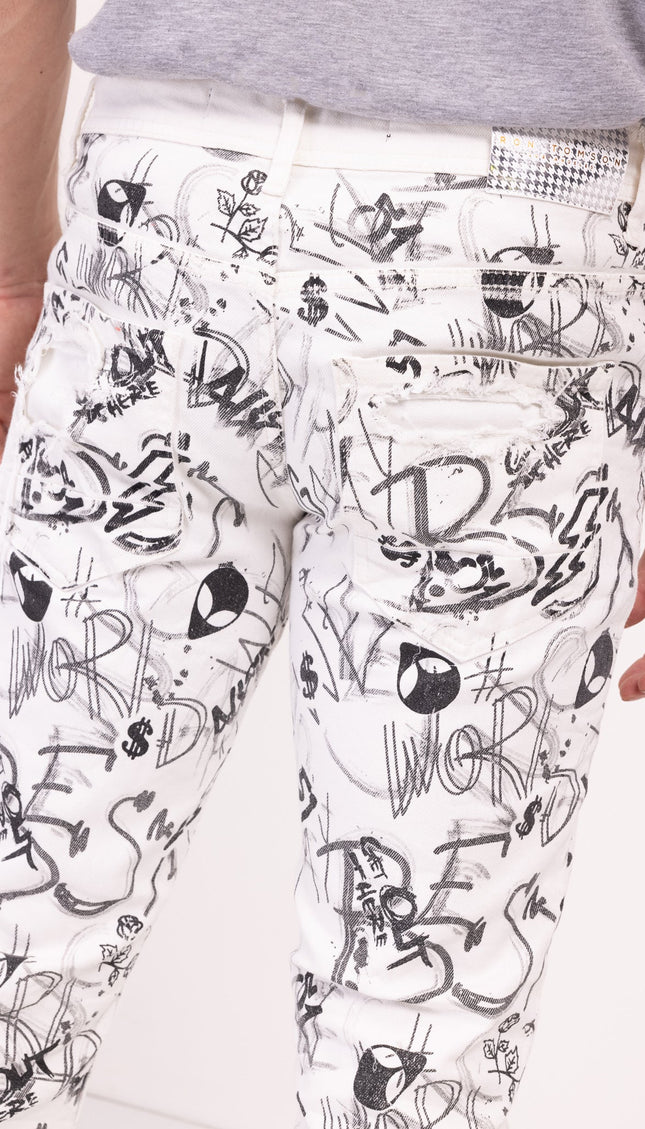 Funky Scribbled Denim Jeans - White - Ron Tomson
