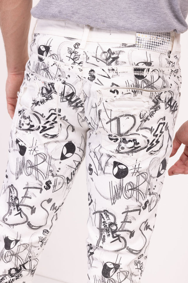 Funky Scribbled Denim Jeans - White - Ron Tomson
