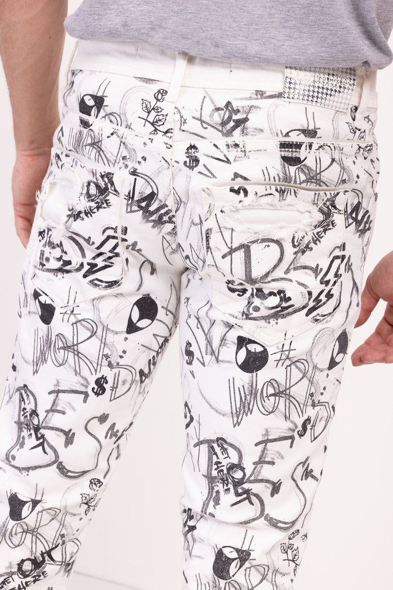 Funky Scribbled Denim Jeans - White - Ron Tomson