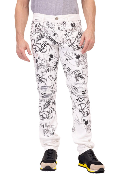 Funky Scribbled Denim Jeans - White - Ron Tomson