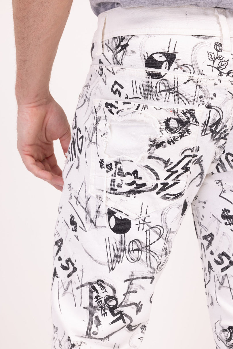 Funky Scribbled Denim Jeans - White - Ron Tomson