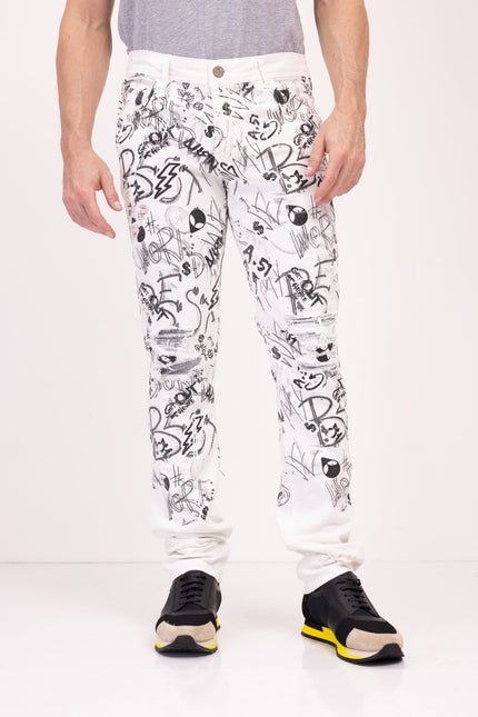 Funky Scribbled Denim Jeans - White - Ron Tomson