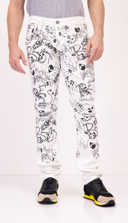 Funky Scribbled Denim Jeans - White - Ron Tomson