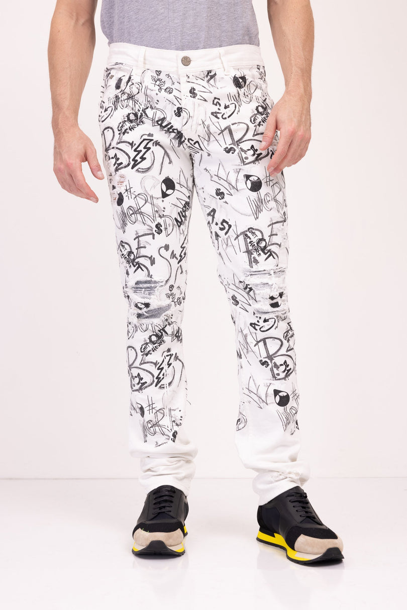 Funky Scribbled Denim Jeans - White - Ron Tomson