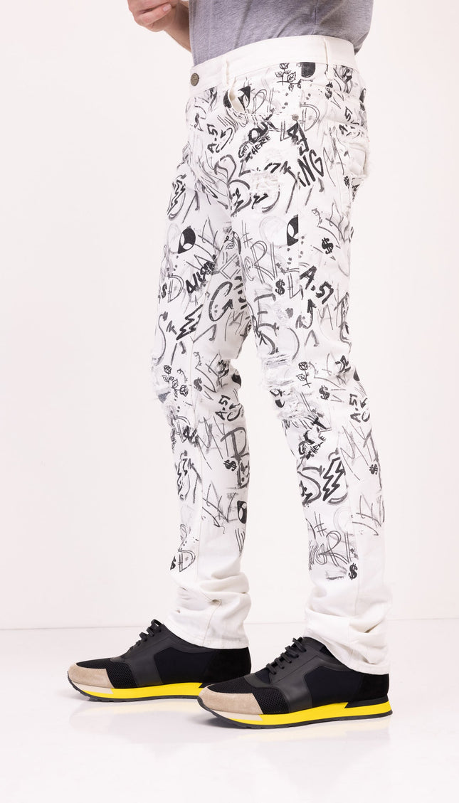 Funky Scribbled Denim Jeans - White - Ron Tomson
