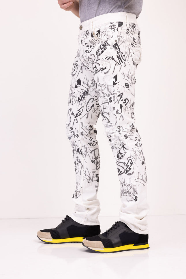 Funky Scribbled Denim Jeans - White - Ron Tomson