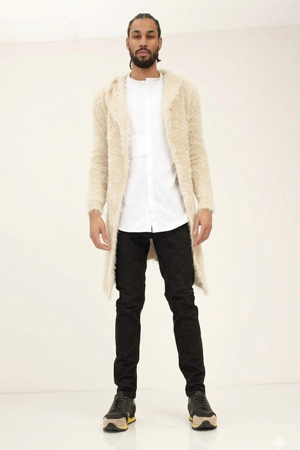 Men's Fuzzy Long Cardigan - Stone | Ron Tomson