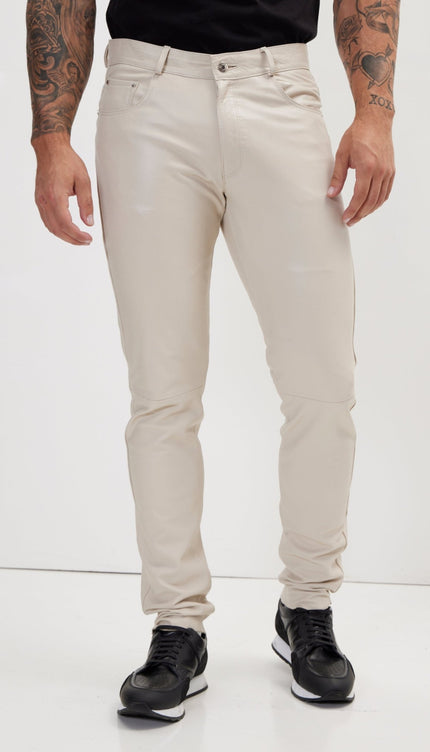 Genuine Lambskin Leather Pants - Beige - Ron Tomson