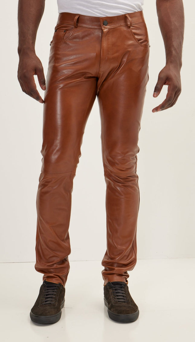 Genuine Lambskin Leather Pants - Brown - Ron Tomson