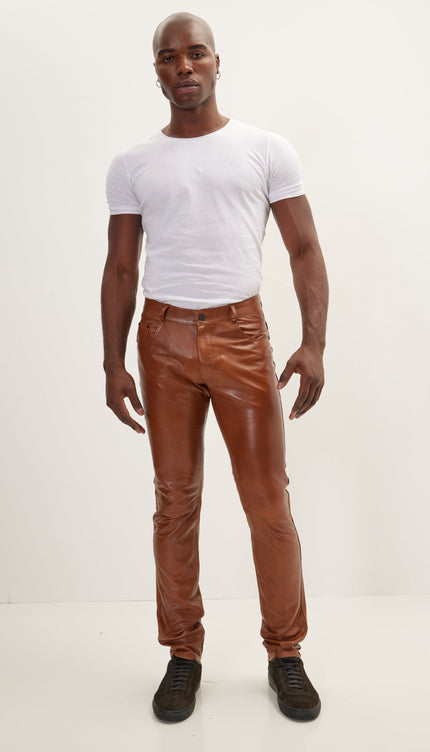 Genuine Lambskin Leather Pants - Brown - Ron Tomson