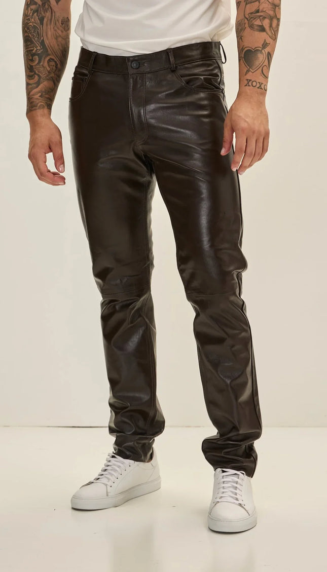 Genuine Lambskin Leather Pants - Dark Brown - Ron Tomson