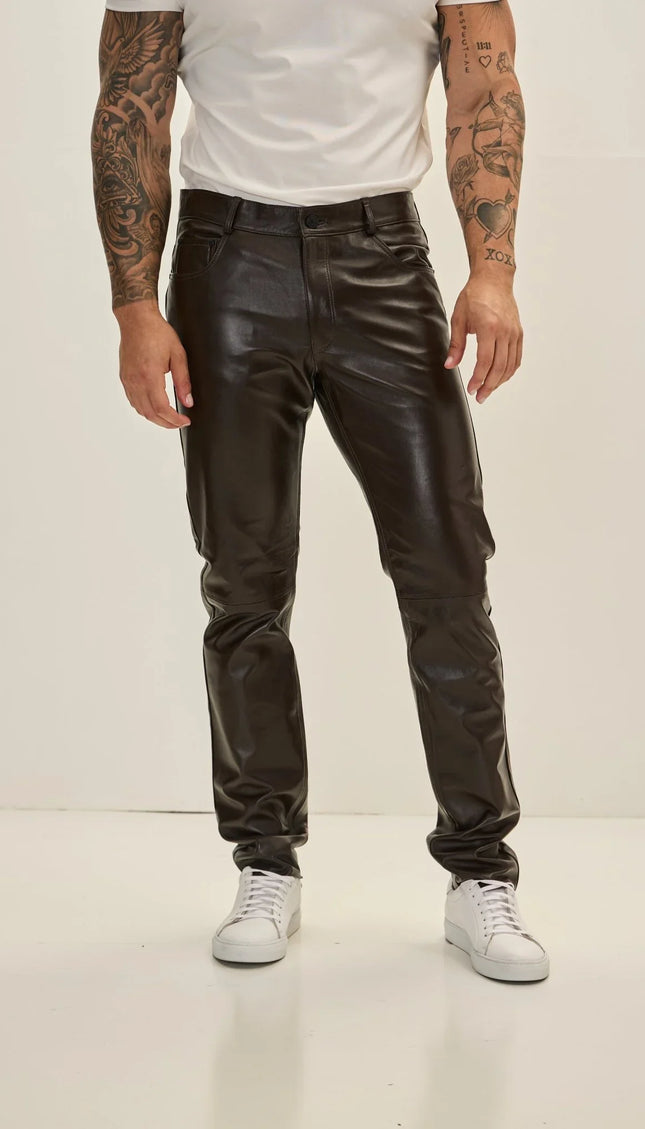Genuine Lambskin Leather Pants - Dark Brown - Ron Tomson