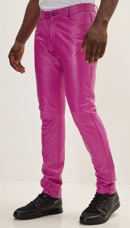 Genuine Lambskin Leather Pants - Fuchsia - Ron Tomson