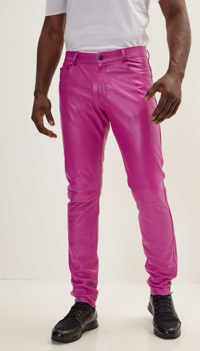 Genuine Lambskin Leather Pants - Fuchsia - Ron Tomson