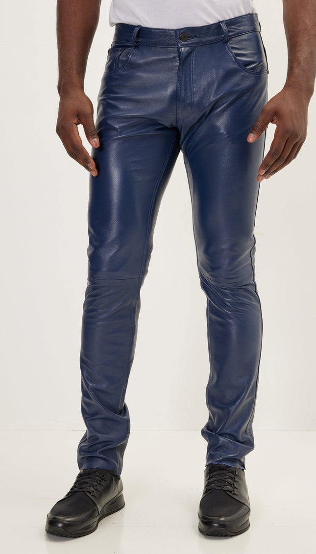 Genuine Lambskin Leather Pants - Navy - Ron Tomson